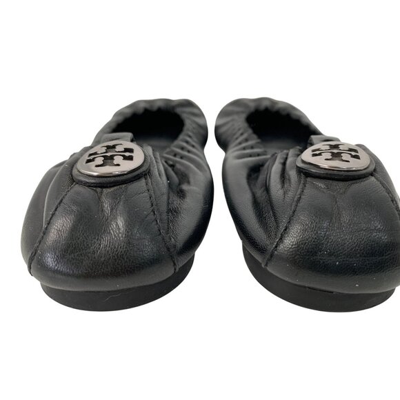 Tory Burch Abbey Black Leather Ballet Flats W/ Metallic Cap Toe Size 7.5 EUC - Picture 4 of 11